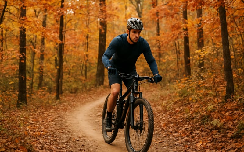 A mountain biker navigating a scenic, wooded trail in Arkansas with autumn foliage.