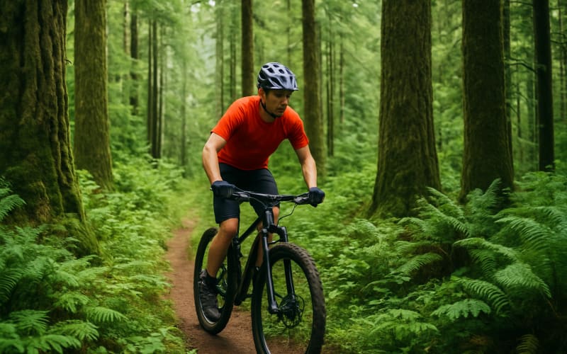 A mountain biker navigating a lush, green trail in Oregon with towering trees on either side.