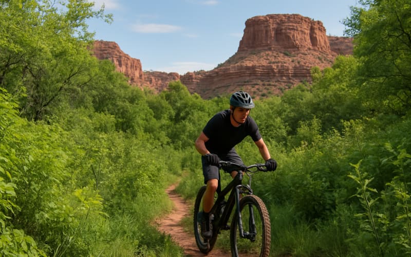 A mountain biker navigating a lush, hidden trail in Utah with red rock formations in the background.