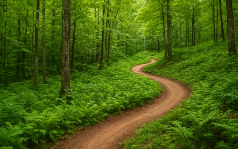 A lush, green Vermont mountain biking trail winding through dense forests and gentle hills.