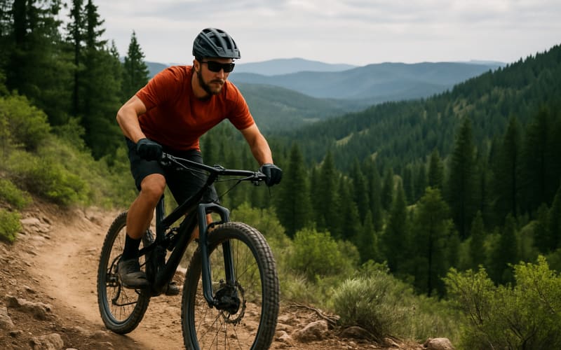 A mountain biker navigating a rugged trail with a backdrop of Idaho's lush forests and rolling hills.