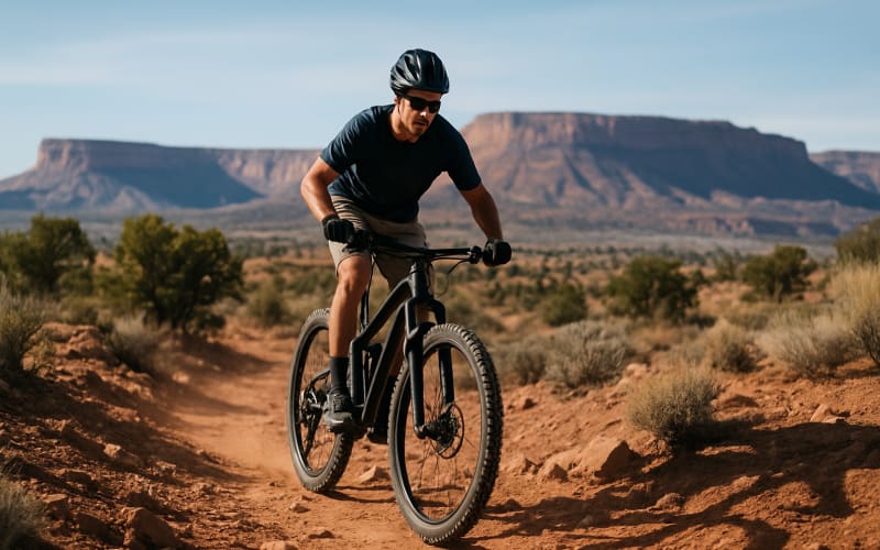 A mountain biker navigating a rugged trail surrounded by New Mexico's desert landscape and mesas.