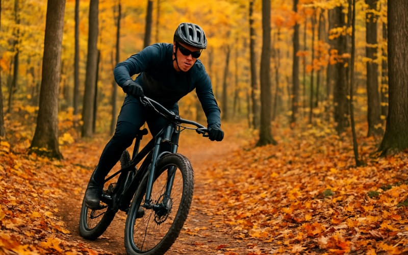 A mountain biker navigating a forested trail in Michigan, with vibrant autumn leaves scattered around.