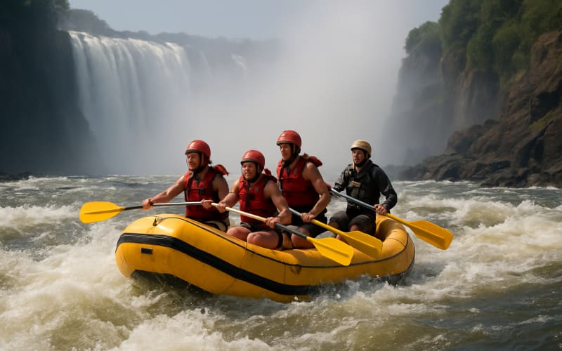 Adventurers navigating rapids on the Zambezi River with mist from Victoria Falls in the background