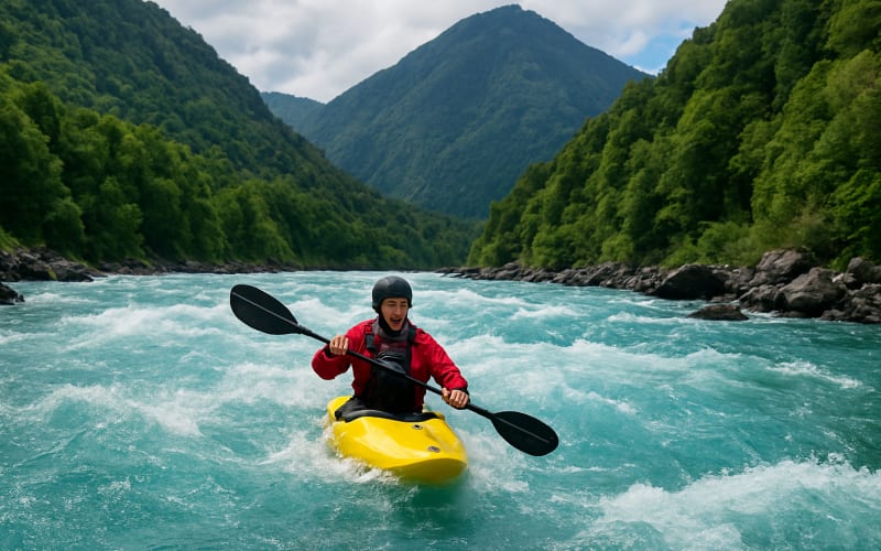 A kayaker navigating the turquoise rapids of the Futaleufú River with lush green mountains in the background.