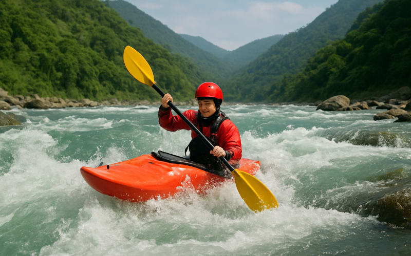 An adventurous kayaker navigating the rapids of the Sun Kosi River against a backdrop of lush green hills.