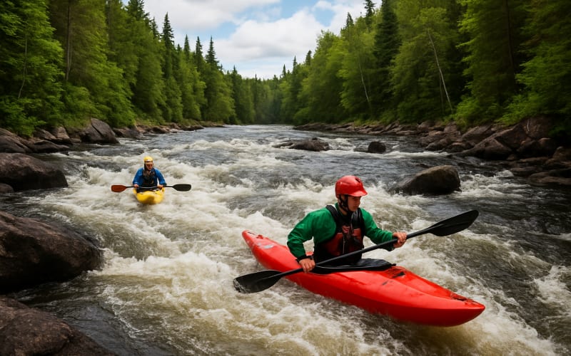 Paddlers navigating the rapids of the Magpie River surrounded by lush Canadian forest.
