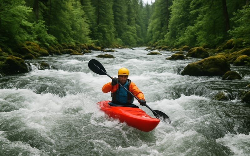 A kayak navigating through the rapids of the North Umpqua River surrounded by lush forest in Oregon.