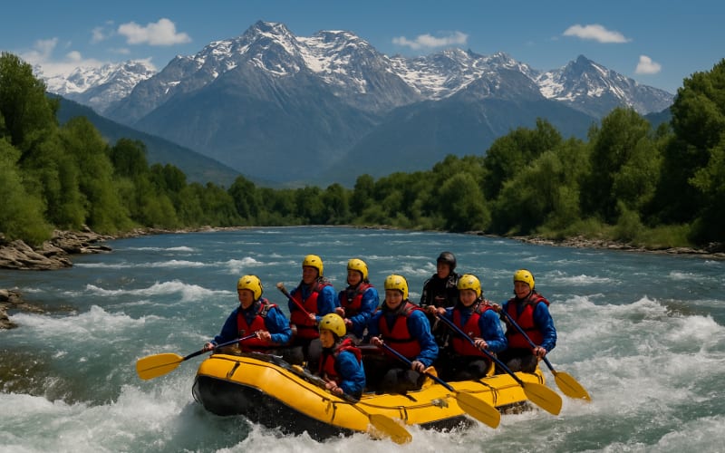 A group of rafters navigating the rapids of the Noce River with the Italian Alps in the background.