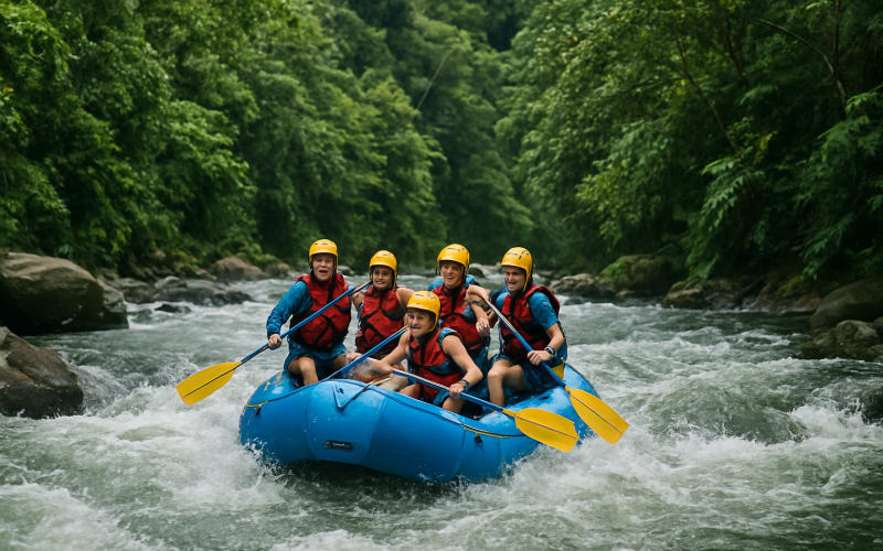 A group of rafters navigating the rapids of the Pacuare River amidst lush rainforests.