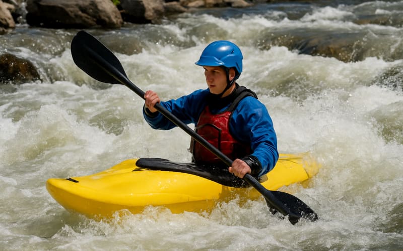 A kayaker skillfully navigating the turbulent rapids of Cherry Creek in California.
