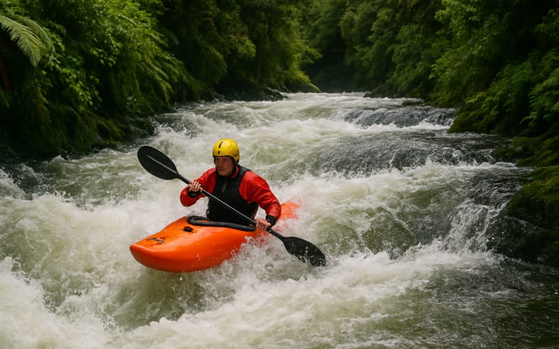 A kayaker navigating the powerful rapids of the Kaituna River amidst lush green surroundings.