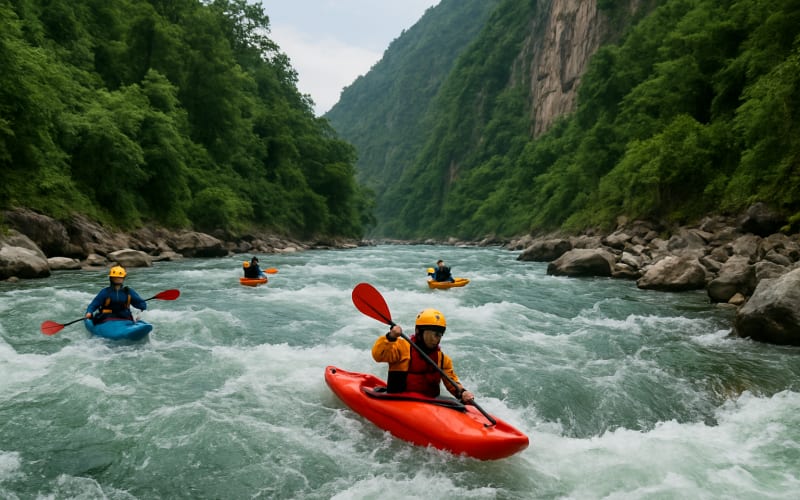 A group of kayakers navigating the rapid waters of Bhote Kosi River against a backdrop of lush greenery and towering cliffs.