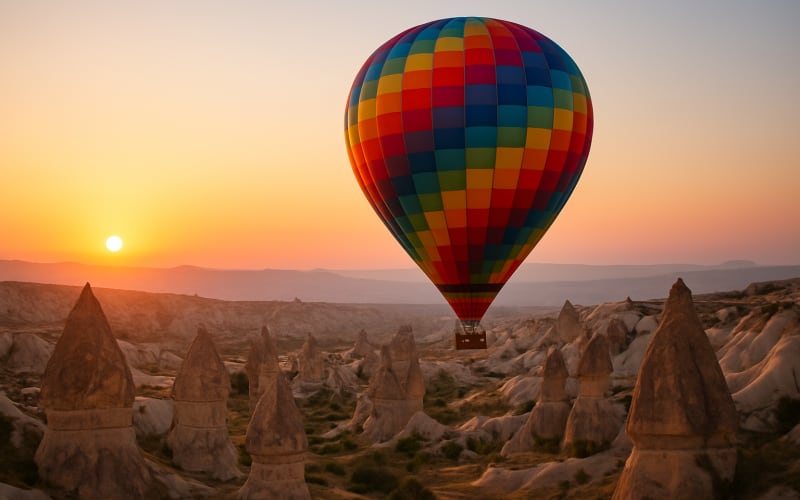 A colorful hot air balloon soaring above the unique rock formations and fairy chimneys of Cappadocia, Turkey at sunrise.