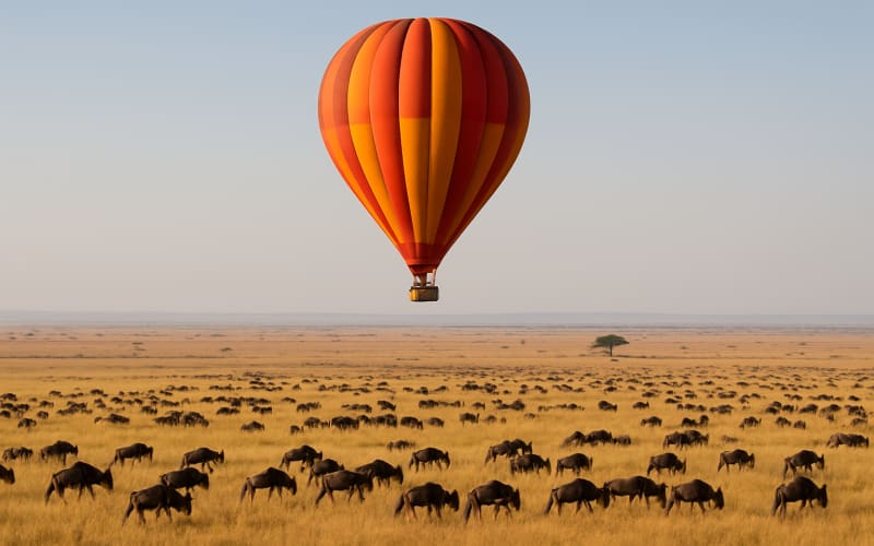 A hot air balloon floating over the vast Serengeti plains with herds of wildebeests below.