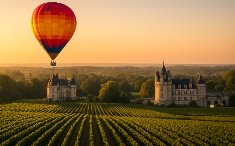 A hot air balloon floating over the lush vineyards and historic castles of the Loire Valley in France during sunrise.