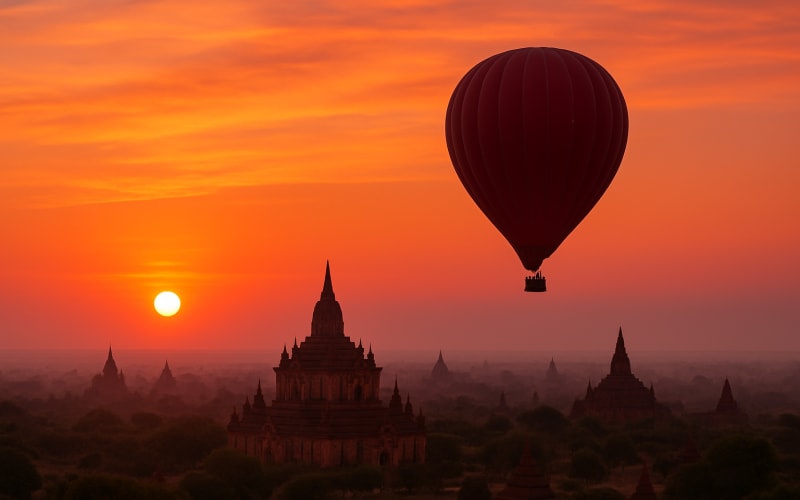 A hot air balloon floating over the ancient temples of Bagan, Myanmar, with a vibrant sunset in the background.
