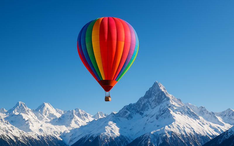 A vibrant hot air balloon floating over the snow-capped peaks of the Alps with a clear blue sky.