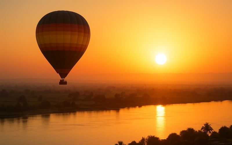 A hot air balloon floating over the Nile River with the sun rising in the background, casting golden hues across the landscape.