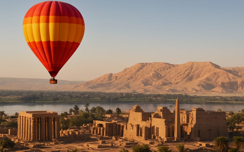 A hot air balloon soaring over the ancient temples of Luxor, with the Nile River and desert landscape in the background.