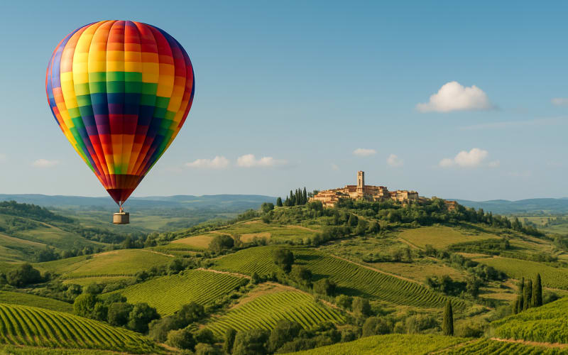 A colorful hot air balloon floating over the rolling hills and vineyards of the Tuscany countryside, with a picturesque village in the background.