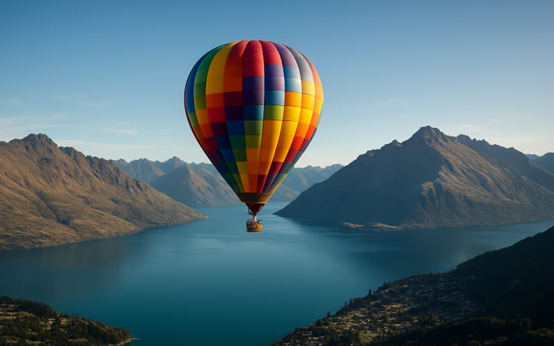 A hot air balloon floating over the dramatic landscape of Queenstown, New Zealand with mountains and lakes visible below.