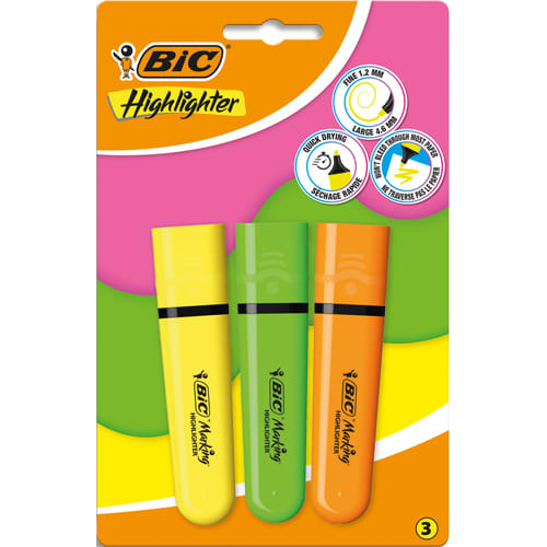 BIC Blister 3 surligneurs Jumbo Pointe biseautée. Séchage rapide. Couleurs assorties vert, orange, jaune photo du produit Principale L