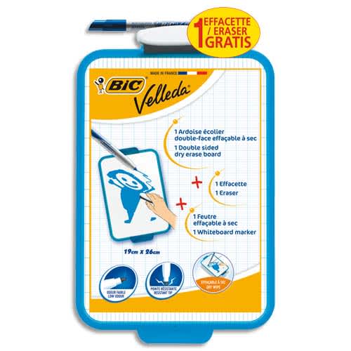 BIC Velleda Ardoise Ecolier Double Face Effaçable + Feutre Bleu Effaçable + Effacette - Turquoise x1 photo du produit