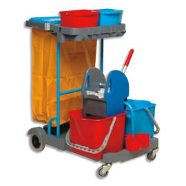 BROSSERIE THOMAS Chariot d'entretien Compact Gris en PP + presse à mâchoires + 2 seaux 22L Rouge Bleu photo du produit