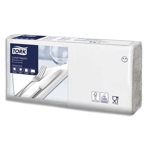 TORK Paquet de 200 Serviettes LunchNap Blanches 2 plis - Format : 33 x 33 cm Ecolabel photo du produit Principale L