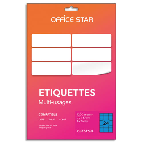 OFFICE STAR Boîte 1200 étiquettes adhésives multiusage format 70x37mm. Planche A4. Coloris bleu photo du produit Principale L