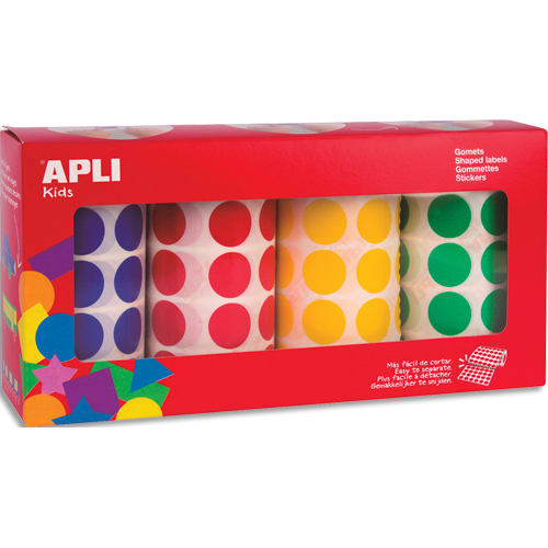 APLI KIDS Boîte de 4 rouleaux de gommettes rondes 20 mm, couleurs assorties  (bleu, rouge, jaune et vert)