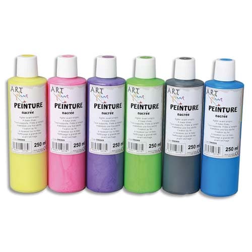 ART PLUS Lot de 6 flacons 250ml gouache. Assortis nacré : Jaune, Rose, Violet, Vert, Noir, Bleu photo du produit Principale L