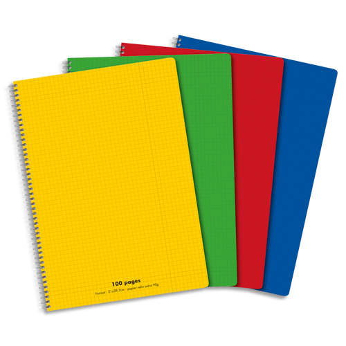 Cahier spirale 21x29,7cm 100 pages petits carreaux 5x5 90g. Couverture polypro aléatoire photo du produit Principale L