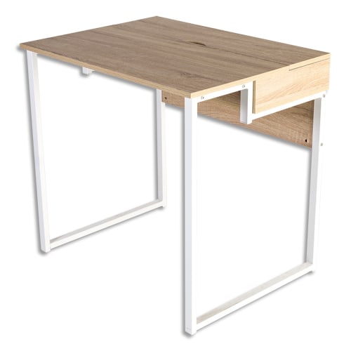 Bureau home-office Aladin plateau chêne clair, structure acier blanche - Dimensions : L80 x H75 x P60 cm photo du produit Principale L