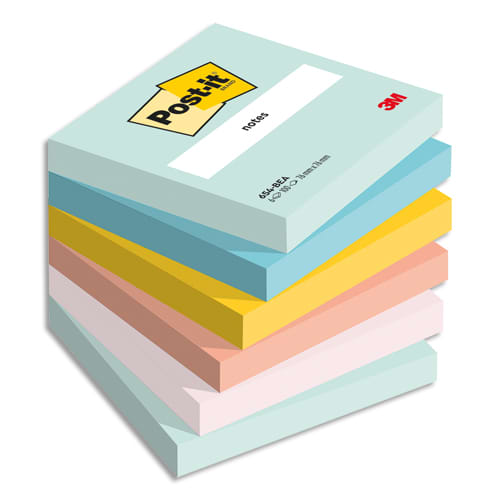 POST-IT® Notes Beachside 76 x 76 mm. Lot de 6 blocs, 100 F. Ass : vert,  bleu, jaune, orange, rose.