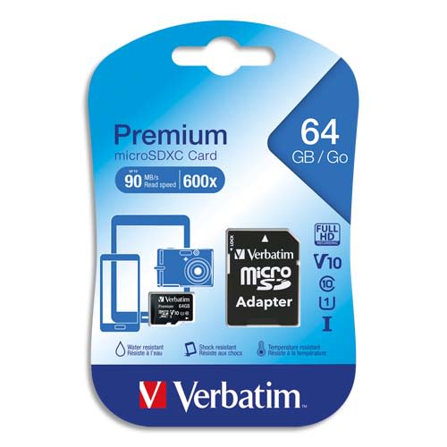 VERBATIM Carte MicroSDHC 64Go+adaptateur Class 10/U1 44084 photo du produit Principale L