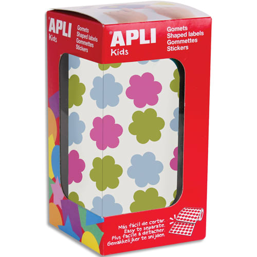 APLI KIDS Boîte de 900 gommettes en rouleau forme fleurs 20mm, couleurs  assorties (bleu, rose, et vert)