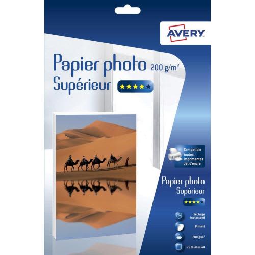 AVERY Boîte de 25 feuilles de papier photo brillant supérieur A4, Jet d'encre, 200g/m² photo du produit Principale L