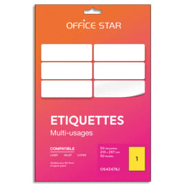 OFFICE STAR Boîte 50 étiquettes adhésives multiusage format A4 210x297mm. Planche A4. Coloris jaune photo du produit