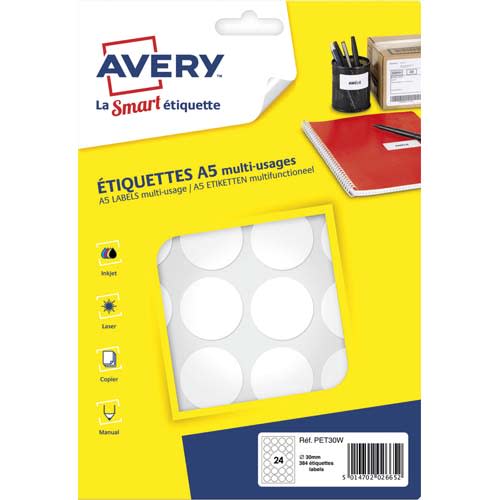 AVERY Sachet de 384 pastilles Ø30 mm. Imprimables. Coloris Blanc. photo du produit Principale L