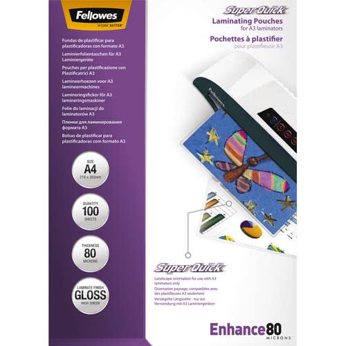 FELLOWES Pack de 100 pochettes SuperQuick A4 80 microns 5440001 photo du produit