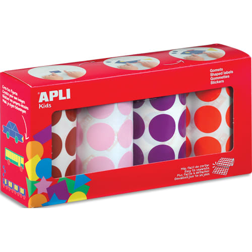 APLI KIDS Boîte de 4 rouleaux de gommettes (2832 u) rondes 33mm, couleur ass (marron, rose, lila, orge) photo du produit Principale L