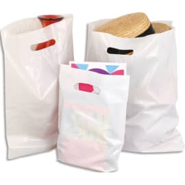 Paquet de 100 sacs plastique blancs 35 x 45 + 4 cm avec poignées découpées renforcées 50 microns photo du produit