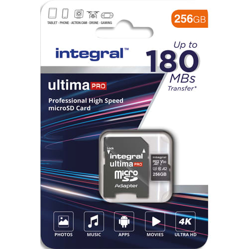 INTEGRAL Carte micro SDXC+adaptateur 256 Go class10/A2 180mb/s lecture, 130mb/s écriture photo du produit Principale L