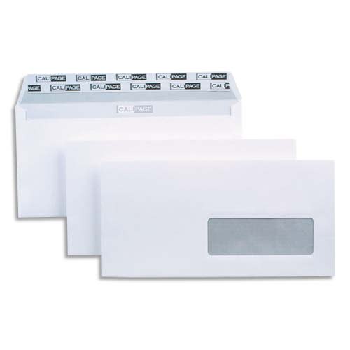 CALIPAGE Boîte de 500 enveloppes Blanches 90g DL 110X220 mm fenêtre 35x100 mm auto-adhésives photo du produit Principale L