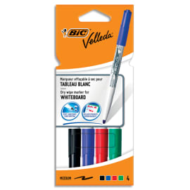 BIC Velleda 1741 Feutres pour Tableau Blanc Effaçables à Sec, Pte Conique Moy - Assortis, Pochette de 4 photo du produit