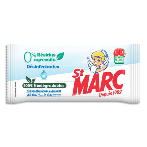 SAINT MARC Paquet de 42 lingettes biodégradables 0% résidus. Nettoient, désinfectent et assainissent photo du produit Principale L