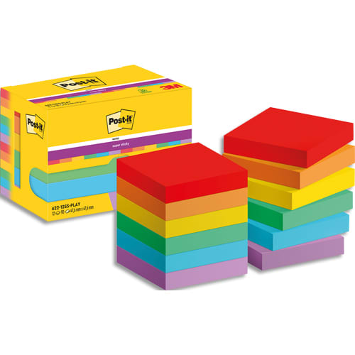 POST-IT® Notes Super Sticky Playful 47.6x47.6 mm. 12 blocs, 90F