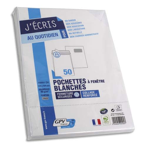 GPV Paquet de 50 pochettes vélin Blanc auto-adhésives 90g format C4 229x324mm fenêtre 50x100 référence574 photo du produit Principale L